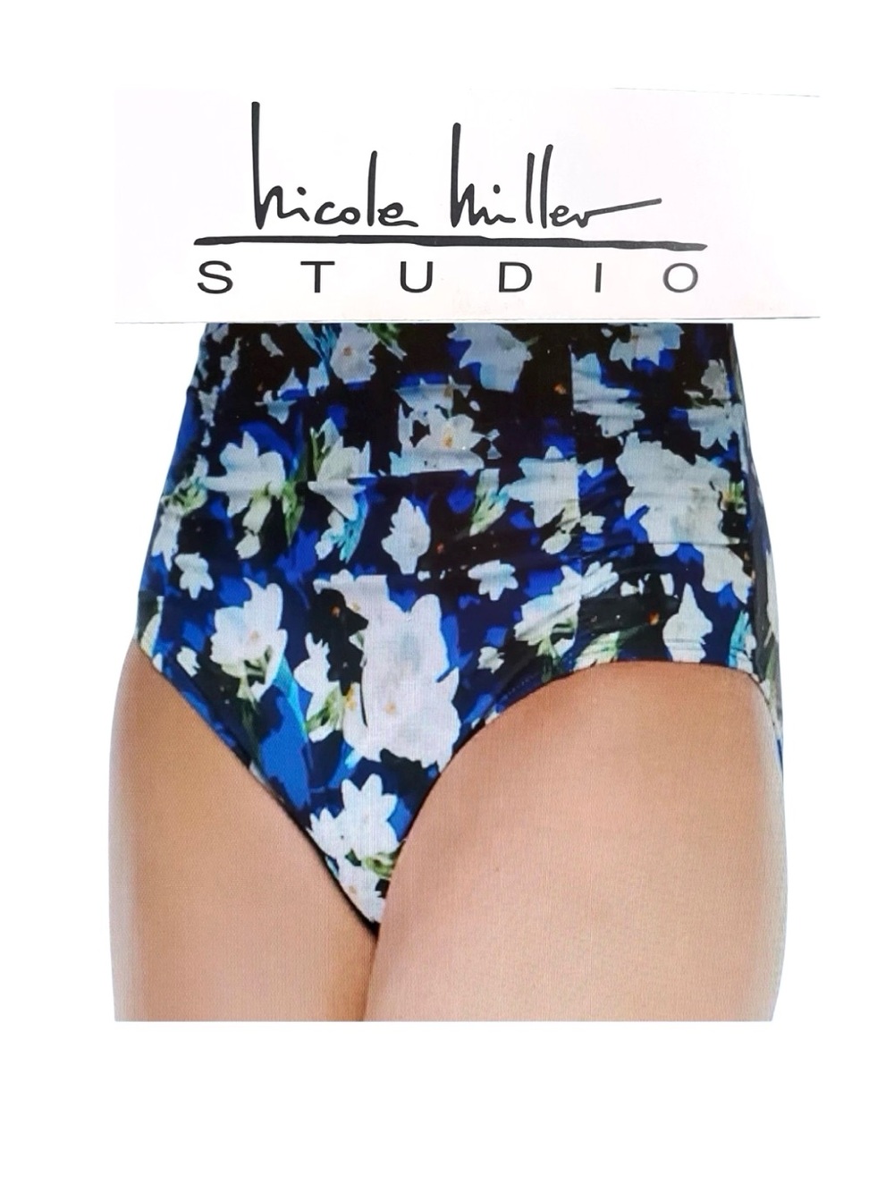 Nicole Miller Bikini Bottom Hipster Swimwear Blue White Floral Sz Med NEW NWT